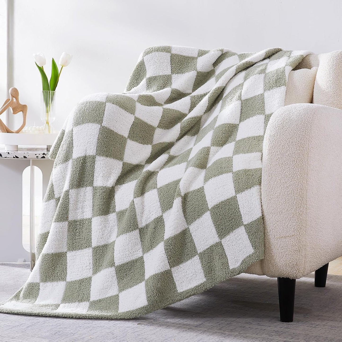 WRENSONGE Checkered Throw Blanket, Sage Green Soft Cozy Fluffy Warm Hand Made Queen Throw Blankets