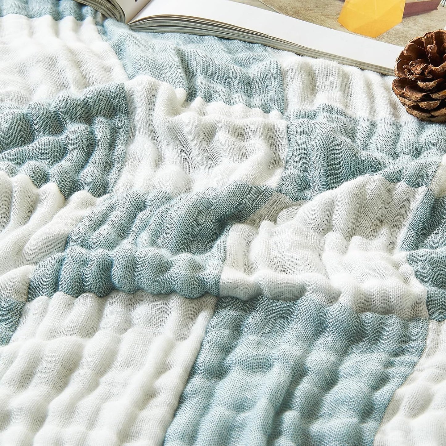EMME Checkered Cotton Blanket Twin Large 60"x80" 100% Muslin for Couch Breathable Cooling Gauze All