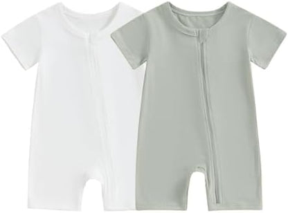 Merqwadd Baby Boy Girl 2 Pack Romper Short Sleeve Zipper Jumpsuit Plain Summer Clothes