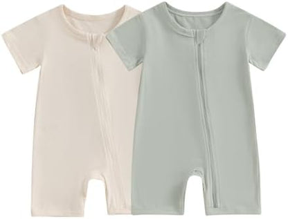 Merqwadd Baby Boy Girl 2 Pack Romper Short Sleeve Zipper Jumpsuit Plain Summer Clothes