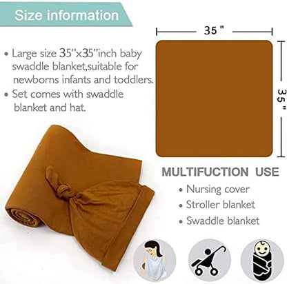 iEvolve Cotton Knitted Baby Swaddle Blanket with Hat Headband Set Newborn Swaddle Wrap Receiving Blankets for Baby Girl Boy 35" x 35"(Lightblue)