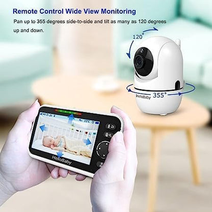 HelloBaby Upgrade 5’’ Baby Monitor with 30-Hour Battery, 2 Cameras Pan-Tilt-Zoom, 1000ft Range Video Audio Baby Monitor No WiFi, VOX, Night Vision, 2-Way Talk, 8 Lullabies and Temperature