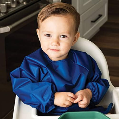 Tiny Twinkle Mess Proof Baby Bibs, 2pk Waterproof Smock Baby Bibs for Eating, Machine Washable Long Sleeve Bibs, Baby Led Weaning, Toddler Bibs, BLW Supplies (Grey Indigo, Large 2-4 Years)