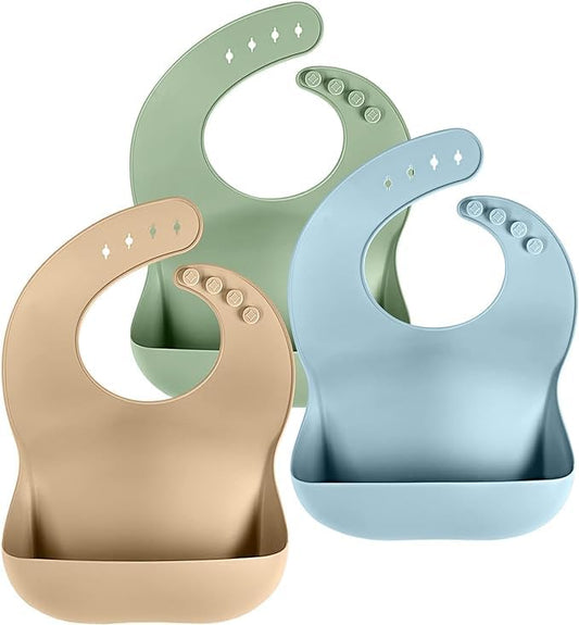 Cuddle Campus Set of 3 Silicone Bibs for Babies & Toddlers,Soft Adjustable Bibs with Pocket Food