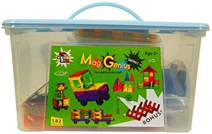 Magnet Tiles - Clear Magnetic 3D Building Blocks - Educational Toys, Games, Activities, Puzzles - Creativity, Motor Skills, Learning Shapes - Plastic Storage Bin, 2 Car Base - 186 Pieces