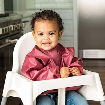 Tiny Twinkle Mess Proof Baby Bibs, 2pk Waterproof Smock Baby Bibs for Eating, Machine Washable Long Sleeve Bibs, Baby Led Weaning, Toddler Bibs, BLW Supplies (Rose Burgundy, Large 2-4 Years)