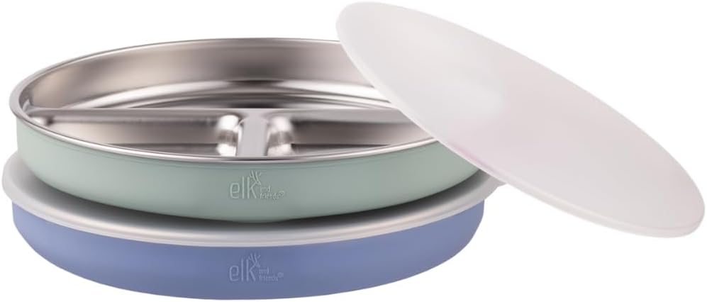 Stainless Steel Divided Plates + Silicone Sleeve and Storage Lid | Baby, Toddler, Kids | Dinner & Snack Plates | 2 Pack