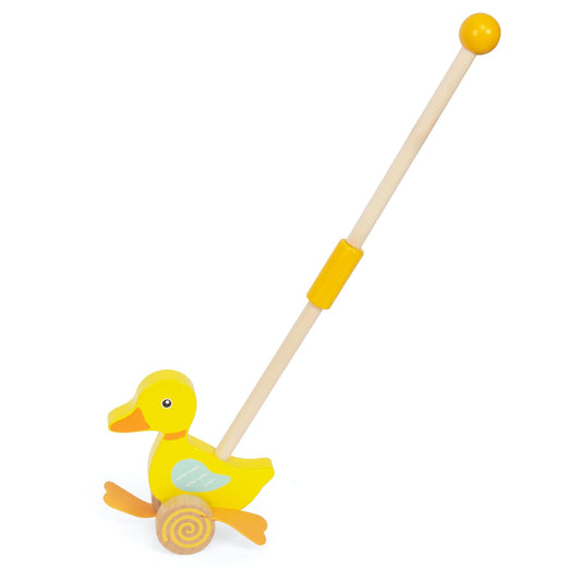 WOODENFUN Wooden Push Toys for Toddlers, Baby Pull Along Stick Walking Duck