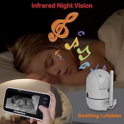ChildsFarm Video Baby Monitor, 5’’ Screen with 30-Hour Battery, Video Baby Monitor with Camera and Audio, Remote Pan-Tilt-Zoom, 2-Way Talk, VOX, Night Vision, 8 Lullabies, 1000ft Range, No WiF