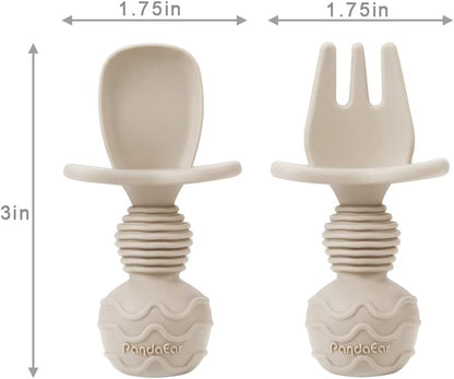 PandaEar 6 Pack Silicone Baby Spoons and Fork Feeding Set- Anti-Choke First Self Feeding Utensils for Baby Led Weaning Ages 3 Months (Tan,Walnut&Grey)