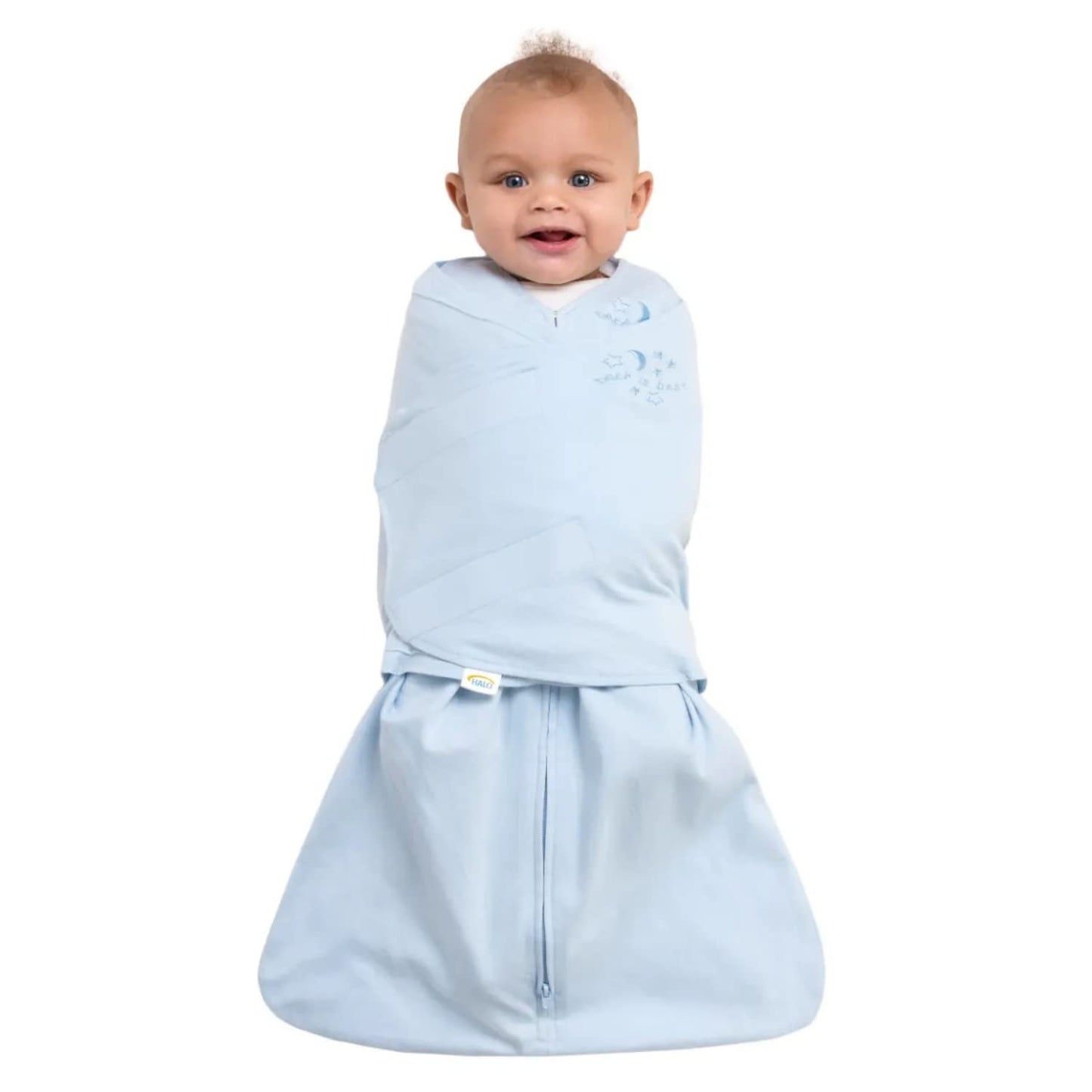 HALO 100% Cotton Sleepsack Swaddle, 3-Way Adjustable Wearable Blanket, TOG 1.5, Baby Blue, Newborn