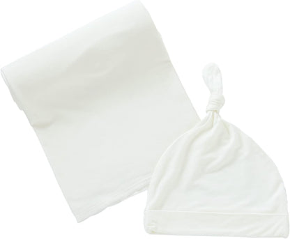 iEvolve Cotton Knitted Baby Swaddle Blanket with Hat Headband Set Newborn Swaddle Wrap Receiving Blankets for Baby Girl Boy 35" x 35"(White)