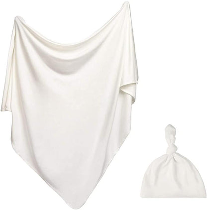 iEvolve Cotton Knitted Baby Swaddle Blanket with Hat Headband Set Newborn Swaddle Wrap Receiving Blankets for Baby Girl Boy 45" x 45"(White)