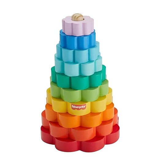 Fisher-Price Wood Toddler Toy Ring Stacker, 10-Piece Wooden Stacking Activity for Fine Motor Skills