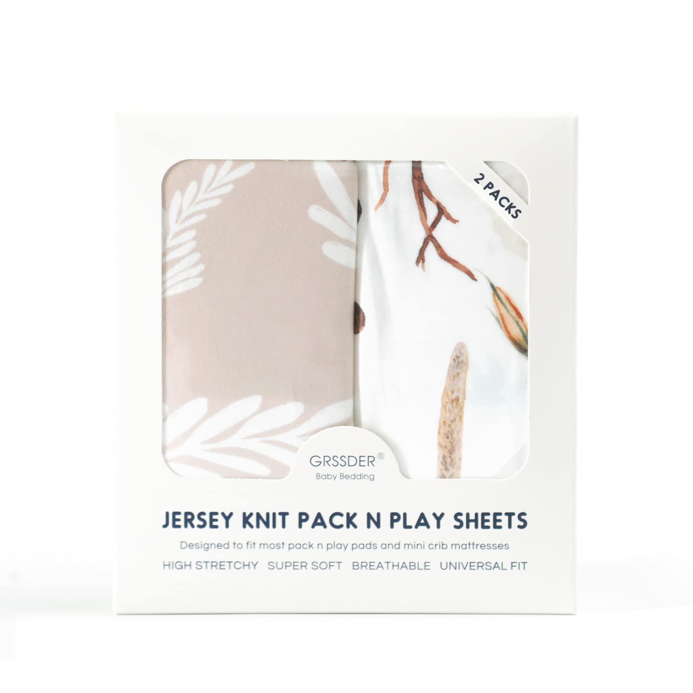 GRSSDER Stretchy Ultra Soft Jersey Knit Fitted Pack n Play Sheets Set 2 Pack, Neutral Portable/Mini