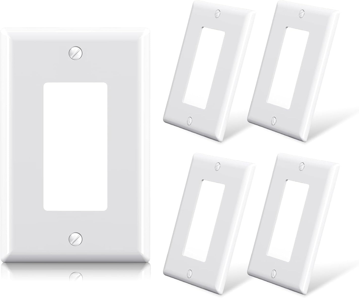 ELEGRP Decorative Receptacle Wall Plate, 1-Gang Mid Size Decorator Covers, Unbreakable Polycarbonate Faceplates for Decorator Device, UL Listed, Screws Included (5 Pack, Glossy White)
