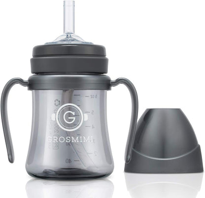 GROSMIMI Spill Proof no Spill Magic Sippy Cup with Straw with Handle for Baby and Toddlers, Customizable, PPSU, BPA Free 6 oz (Charcoal)