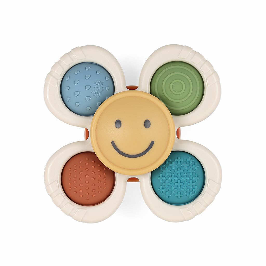 Itzy Ritzy Fidget Toy with Sensory Poppers & Suction Cup; Fidget Toy Sticks to Highchairs, Tables or Tubs While Spinning & Engaging Baby with 4 Textured Poppers, Smile