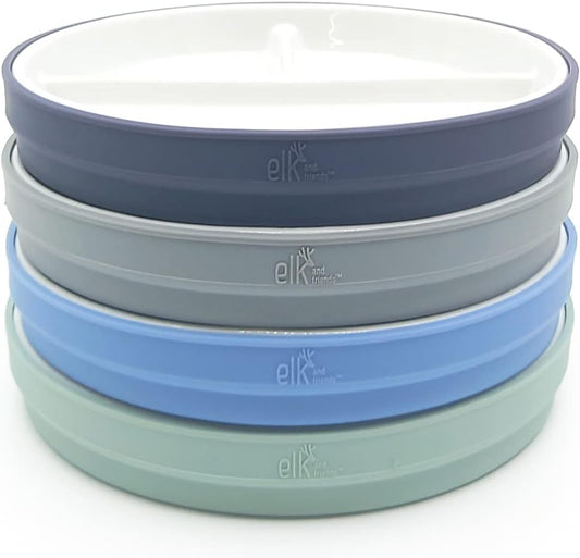 Elk and Friends Kids 6.7” Porcelain Divided Plates with Silicone Sleeves | Suitable for Babies/Kids/Toddlers | Microwave & Dishwasher Safe | Non Slip | Snack Dishes