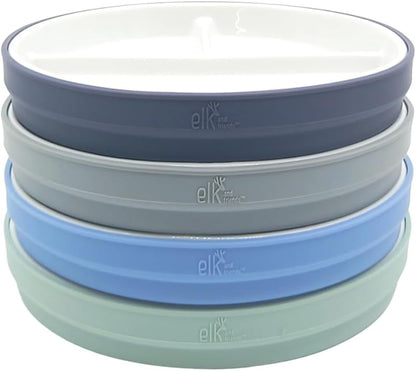 Elk and Friends Kids 7.8” Porcelain White Plates with Silicone Sleeves | Divided Plates | Suitable for Kids/Toddlers | Microwave & Dishwasher Safe | Non Slip | Snack Dishes