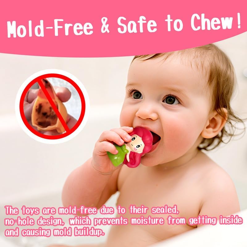 No Hole Bath Toys for Kids Ages 1-3, 8 Pcs Girl Bath Toys with Storage and Net, Sealed & Squeezable