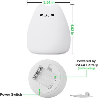 LED Night Light for Kids, Cute Nursery Color Changing Cat Night Light with Tap Control, Battery Powered Portable Squishy Silicone Soft Lamp Gifts for Baby Girls Boys Toddler Children Bedroom
