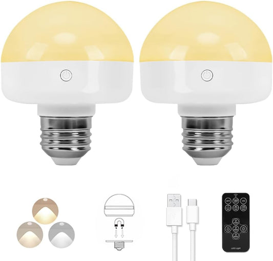 BLUEYE Rechargeable Battery Operated Light Bulb,2Packs,300LM,40W Equivalent,E26 Detachable Charging(E12 available),4 Color Temperature,Remote Control Puck Emergency Lamp,Timer,Dimmer,For Non-Hardwired