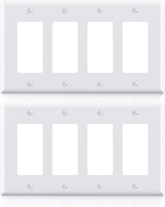 ELEGRP 4-Gang Decorative Wall Plates, Mid-Size 4.88" H x 8.57" L Unbreakable Thermoplastic Faceplate Cover for Decorator Receptacle Outlet Switch, UL Listed (2 Pack, Glossy White)