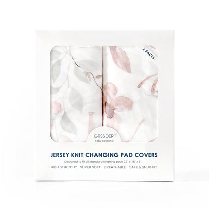 GRSSDER Stretch Ultra Soft Jersey Knit Changing Pad Cover Set 2 Pack, Change Table Pad Covers Fit 32"/34" x 16" Pads Safe and Snug, Beautiful Blush Pink Floral and Cute Animals Print for Girls