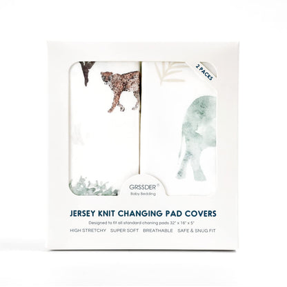 GRSSDER Stretch Ultra Soft Jersey Knit Changing Pad Cover Set 2 Pack, Change Table Pad Covers Fit 32"/34" x 16" Pads Safe and Snug, Stylish Pattern for Boys and Girls, African Savannah Animals