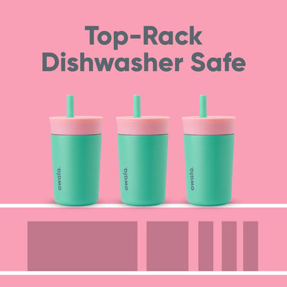 Owala Kids Insulation Stainless Steel Tumbler with Spill Resistant Flexible Straw, Easy to Clean, Kids Water Bottle, Great for Travel, Dishwasher Safe, 12 Oz, Pink and Teal (Real Cool Fish)