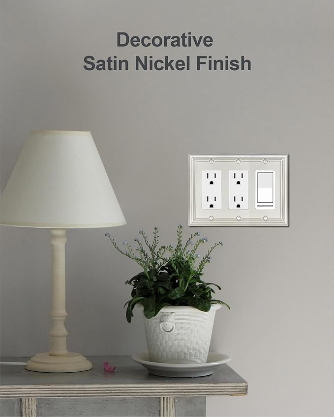 1-Pack Triple Decorator Wall Plate, Metal Electrical Outlet Cover for Receptacles, Dimmer Switches, GFCI Outlets, Satin Nickcel, Midsize, 6.77''*4.88''