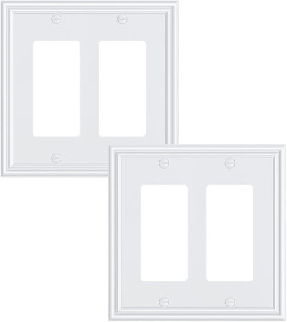 2-Pack Decorative Double Decorator Outlet Cover Plate, Durable Zinc Alloy Pure White Wall Plates for Electrical Outlets, Receptacle, GFCI Outlet, Dimmer Switch, 2-Gang, Corrosion Resistant