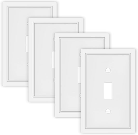 White Decorative Light Switch Cover Plate, Classic Single Toggle Switch Plate Covers, Natural Bamboo Fiber 1 Gang Wall Plates for Bathroom Kitchen- 4 Pack