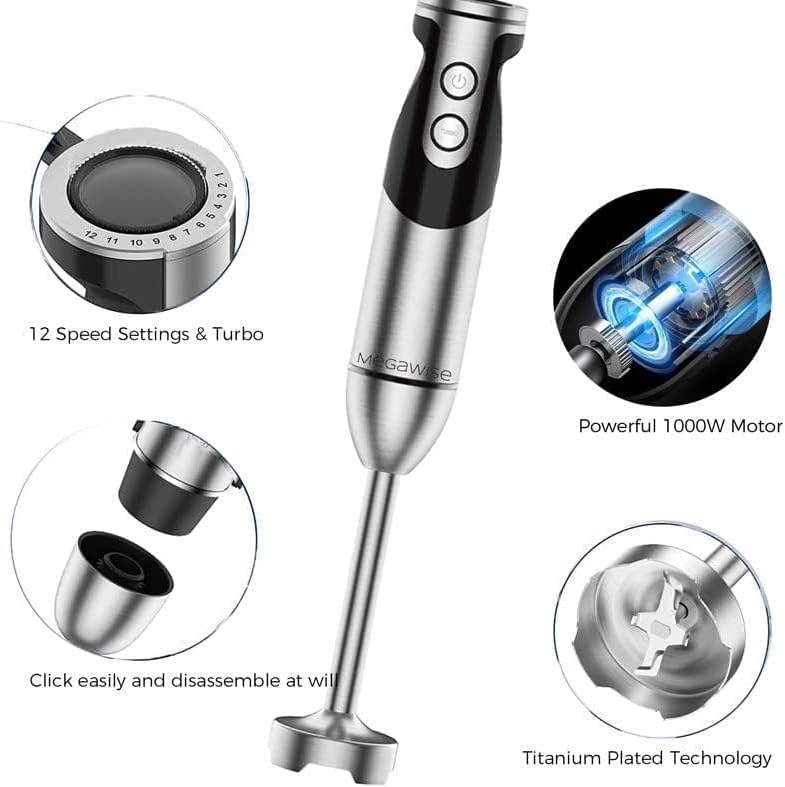 MegaWise Pro Titanium Reinforced 3-in-1 Immersion Hand Blender, Powerful Copper Motor with 80%
