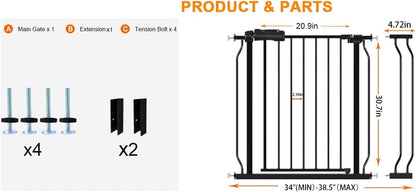 Wide Baby Gate for Stairs Doorways 30" Tall 34 to 38.5 Inch Wide Pressure Mounted Baby Gate Walk Through Child Gates for Kids or Pets Indoor Safety Gates