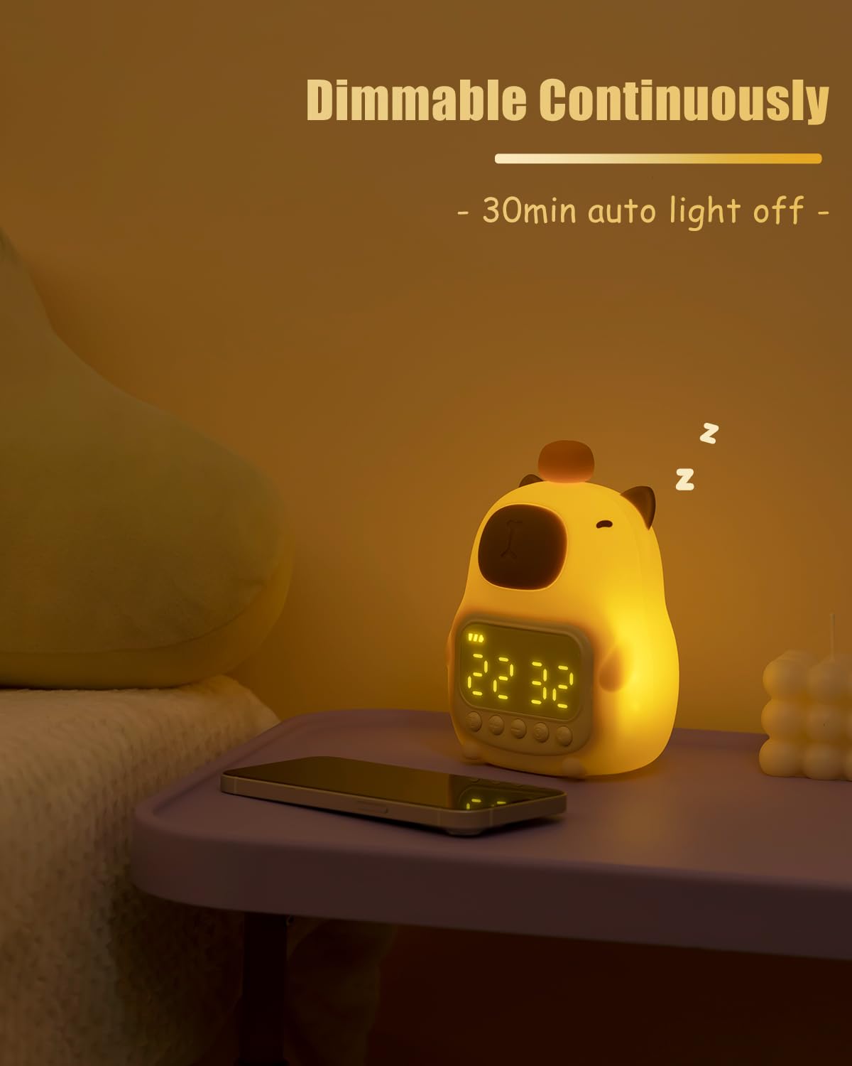 Capybara Alarm Clock with Night Light for Kids, Cute Toddler Alarm Clocks for Bedrooms Ok to Wake Clocks for Girls and Boys, Rechargeable Silicone Animal Tabletop Lamp for Kid