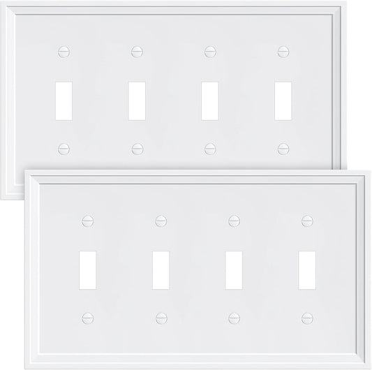 2-Pack Quad Toggle Light Switch Cover Plate, White Decorative Switch Plate Covers, Natural Bamboo Fiber 4 Gang Wall Plate, Corrosion Resistant