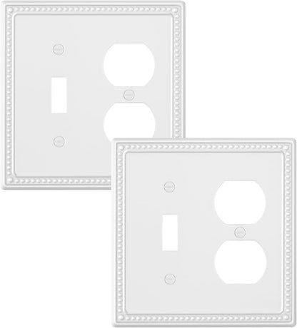 2-Pack Combo Toggle/Duplex Light Switch Cover Plate, Pure White Metal Wall Outlet Cover Plate, Decorative Classic Beaded Wall Socket Receptacle Cover for Electrical Outlets, Light Switch