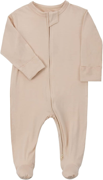 Aablexema Baby Zipper Pajamas Bamboo Rayon, 3pcs Unisex Infant Onesie with Mitten Long Sleeve Footed Pjs