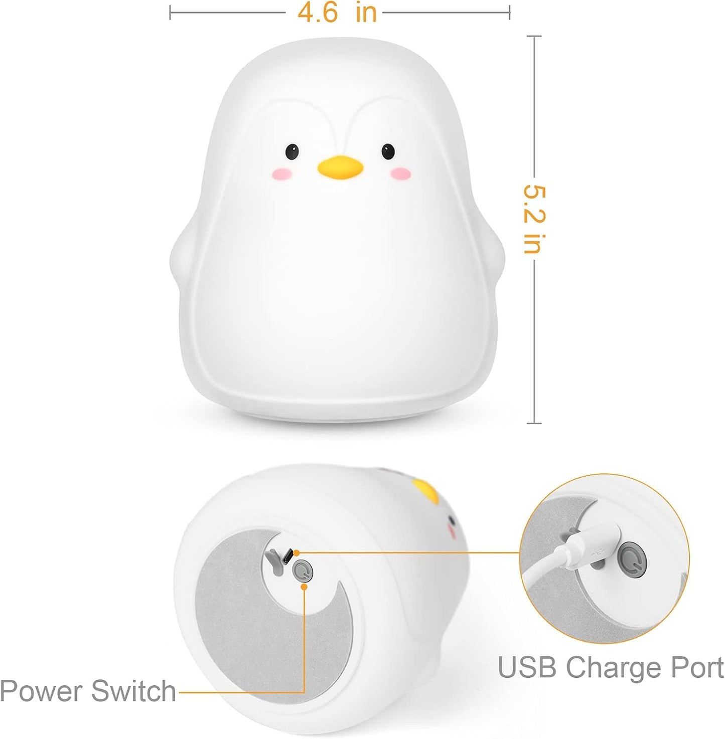 Penguin LED Night Light for Kids, Cute Nursery Color Changing Kids Night Light with Tap Control, USB Rechargeable Portable Squishy Silicone Soft Lamp Gifts for Baby Girls Boys Toddler Children Bedroom