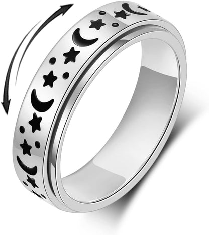 OreilleStar Anxiety Ring for Women Fidget Spinner Rings Stainless Steel Silver Color Size 6 (Silver_Moon Star, 6)