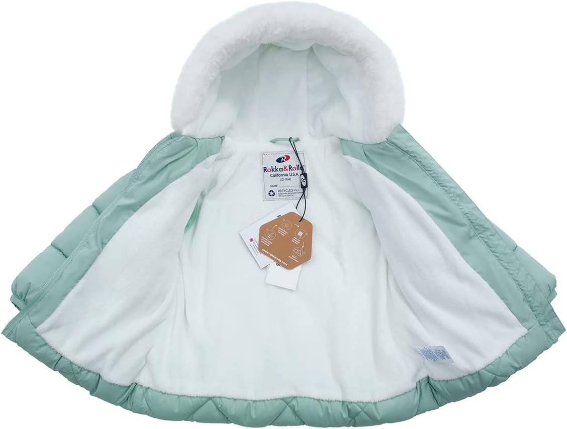 Rokka&Rolla Baby Girls' Water-Resistant Puffer Jacket Hooded Winter Coat with Soft Mini Fur Lining for Newborn Infant Toddler