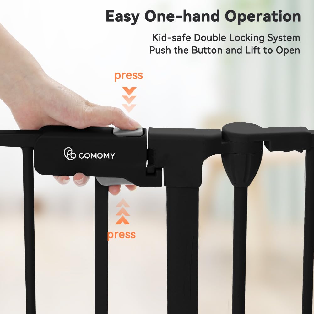 COMOMY 150" Extra Wide Baby Gate with Door, Dog Gates for The House Doorways Fireplace, Auto Close Baby Fence Play Area, Walk Through Pet Gate, Hardware Mounted Baby Gate, 6-Panels (30" Tall, Black)