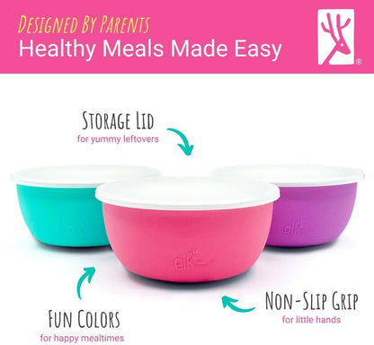 Elk and Friends Stainless Steel Bowls + Silicone Sleeve and Storage Lid | Baby, Toddler, Kids | Cereal & Snack Bowls | Storage Containers | Dishwasher Safe | 4 Pack