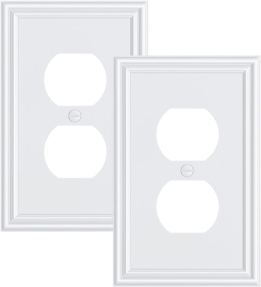 2-Pack Single Duplex Outlet Cover Plate, Decorative White Switch Plates and Outlet Covers, Metal Wall Plates for Electrical Outlets, 1 Gang Receptacle Cover, Corrosion Resistant