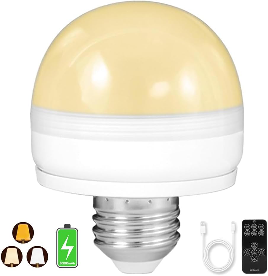 BLUEYE Rechargeable Light Bulbs,7W,Remote Control,Soft Warm 2700K-6000K,50W Equiv.,450Lumens,Flicker-free,E26 Detachable Charging(E12 available),Battery Operated Emergency Lamp for Non-Hardwired,1Pack