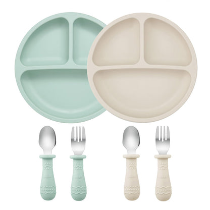 PandaEar Baby Feeding Set| 2 Pack Silicone Divided Suction Plate, 2 Set Toddler Spoons & Forks|