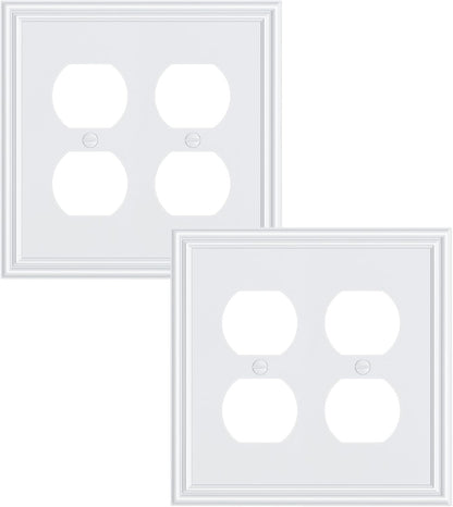 2-Pack Double Duplex Outlet Cover, Pure White Decorative Switch Plates and Outlet Covers for Electrical Outlets, Durable Zinc Alloy Wall Plates, 2 Gang Receptacle Cover, Corrosion Resistant