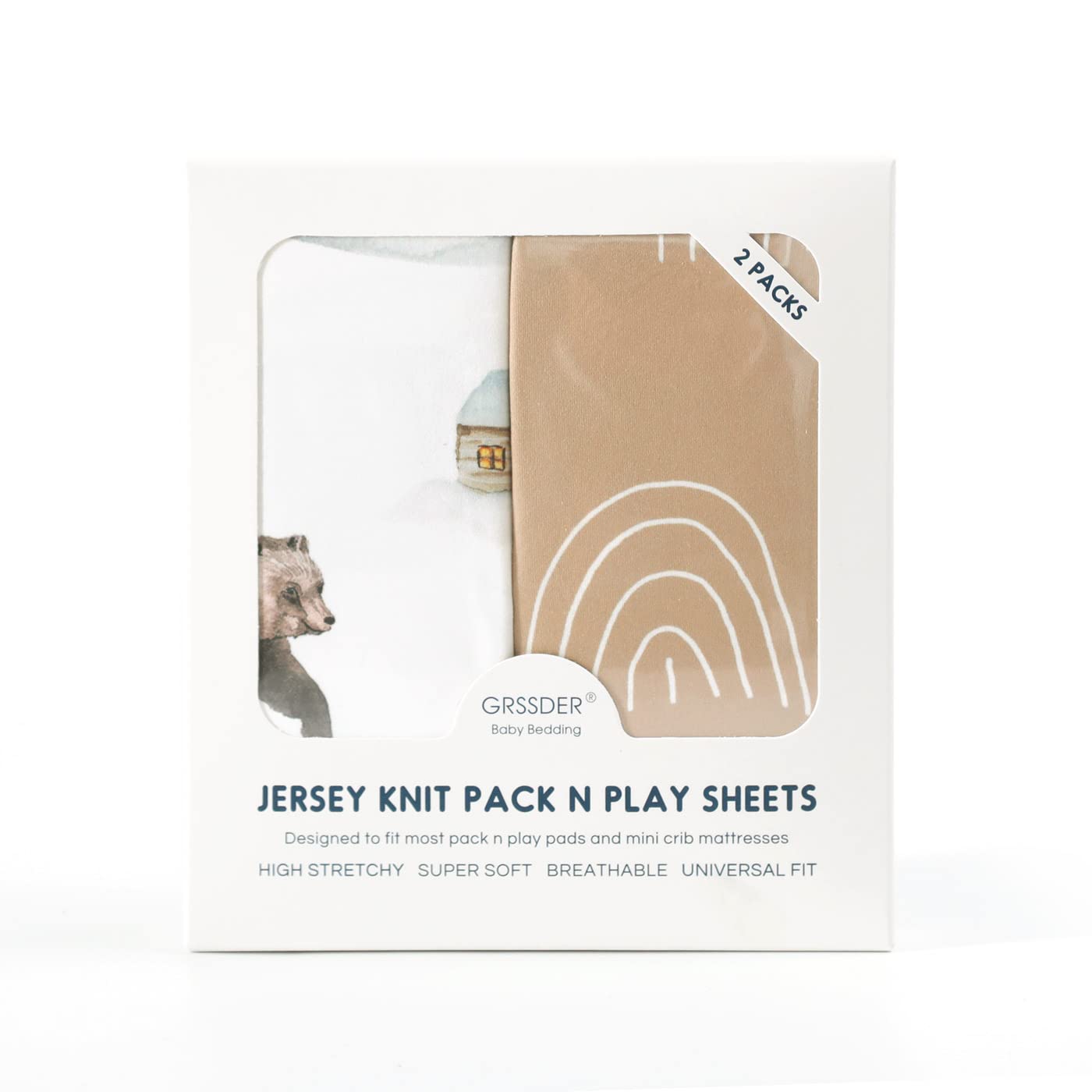 GRSSDER Stretchy Ultra Soft Jersey Knit Fitted Pack n Play Sheets Set 2 Pack, Neutral Portable/Mini